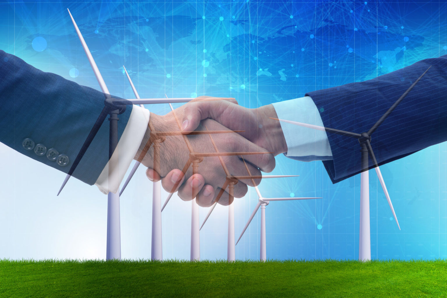 business handshake foran vindmøller