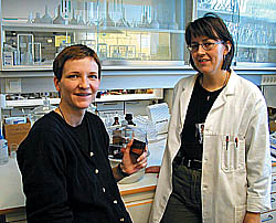 Prosjektleder Cecilie Kristiansen (t.v.) og påtroppende prosjektleder Tove Bræin. Kristiansen holder et glass med en forbindelse som brukes i en flytende krystall-løsning. Foto: Jan Helstad