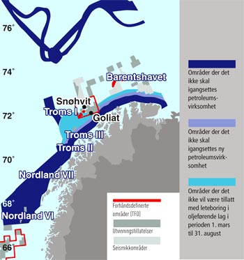 Petroleumsaktivitet fram til 2009 Forvaltningsplanen legger opp til omfattende petroleumsaktivitet i Barentshavet. I de omstridte områdene er det bremset litt, men regjeringen vokter seg vel for varig vern. Kilde: Olje- og energidepartementet / grafikk@adresseavisen.no