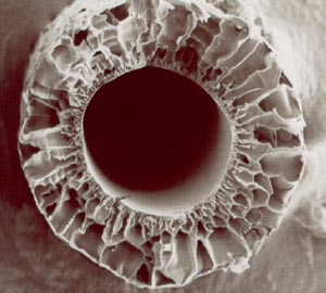 Nanorør i membranfilter Membranen fungerer som en meget finmasket sil, der hullene står så tett at bare rent vann slipper igjennom og uønskede partikler blir igjen på utsiden. «Silen» kan gjøres så finmasket at hullene ikke kan oppfattes av øyet. Slike membraner klassifiseres etter størrelsen de klarer å filtrere i: mikrofilter, ultrafilter og nanofilter. Det vil si veldig liten, enda mye mindre og aller, aller minst. Foto: Membrane News