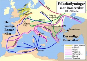 I folkevandringstida var det store endringar og forflyytingar i Europa. (Illustrasjon: Finn Bjørklid/Wikimedia creative commons)