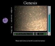 Et utsnitt av bakterien og proteinet i kunstprosjektet Genesis når lyset er slått av. Ved å klikke på rundingen til venstre kan publikum slå på lyset.