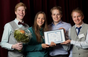 Studentgruppa kom også på andreplass i Venture Cup Midt-Norge i 2013 med Assistep. F.v Eirik Medbø, Ingrid Lonar, Steinar Gamst og Halvor Wold. Foto: Kai T. Dragland