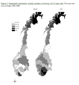 Kartet viser hvordan røykere i Norge fordelte seg i årene 1996-2000.