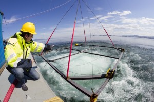 Rammen under vann har instrumenter som måler boblestørrelse og hastighet på boblene under vann. I havovverflaten er det instrumenter som måler hvor høyt havet stiger under forsøket. Foto: Thor Nielsen/SINTEF.