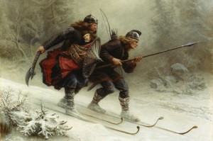 Birkebeinerne ble en elitestyrke. Her Knud Bergsliens berømte maleri der to birkebeinere berger kongssønnen Håkon Håkonsson. Foto: Wikimedia