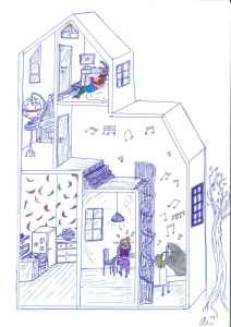 Ailin Moser, daughter of Nobel Laureates May-Britt and Edvard Moser, drew this picture of a house to illustrate how the method of loci work. Image: Ailin Moser