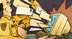 Tegning av mann som prøver å stappe masse konvolutter inn i PC-skjerm