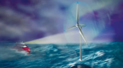 Offshore vindturbiner opererer gjerne under tøffe forhold som krever solid teknologi og robuste operasjoner. Dette er ett av områdene som det nye forskninsgsenteret konsentrerer seg om. Illustrasjon: Bjarne Stenberg, SINTEF