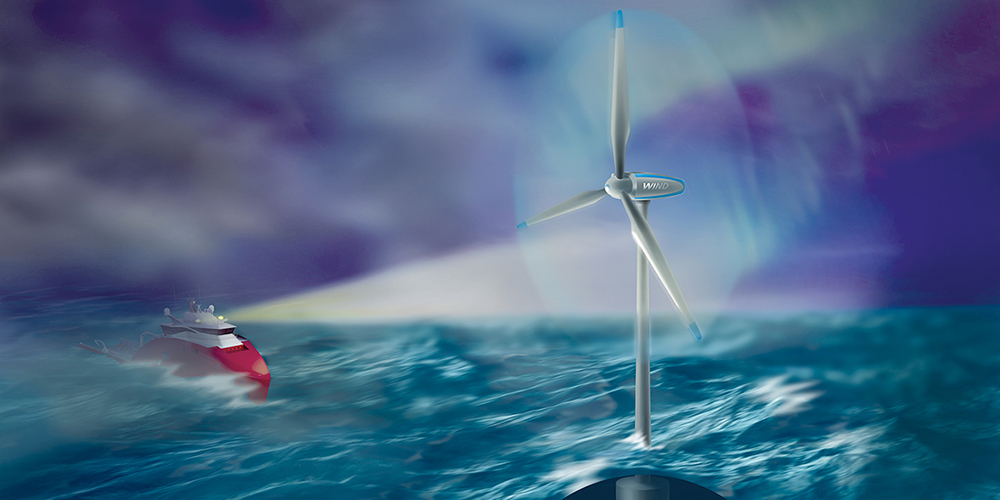 Offshore vindturbiner opererer gjerne under tøffe forhold som krever solid teknologi og robuste operasjoner. Dette er ett av områdene som det nye forskninsgsenteret konsentrerer seg om. Illustrasjon: Bjarne Stenberg, SINTEF