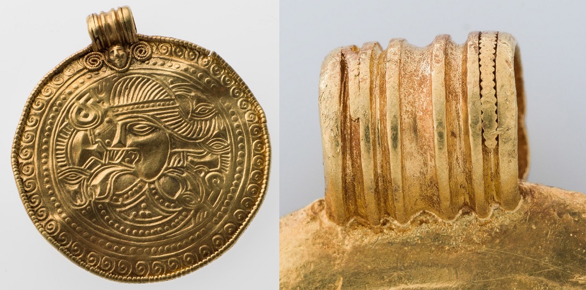Gullbrakteaten og detalj av hempen øverst. Foto: Åge Hojem, NTNU Vitenskapsmuseet