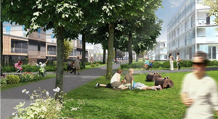 Illustrasjon som viser grøntområde i den nye miljølandsbyen på Brøset i Trondheim