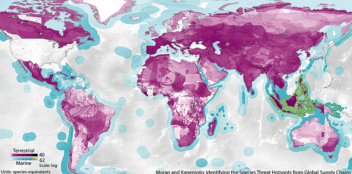 Dette kartet viser de områder med truede arter forårsaket av amerikansk forbruk. Jo mørkere farge, jo større er faren forårsaket av forbruk. Lilla farge representerer landlevende arter, mens det blå marine arter. Kartet er utarbeidet av Daniel Moran og Keiichiro Kanemoto.