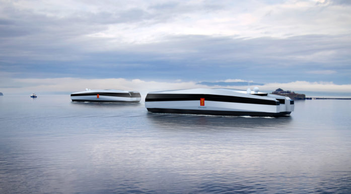Illustrasjon som viser to lave, futurisk utseende skip, lagt inn på Trondheimsfjorden, der Munkholmen er synlig i bakgrunnen.