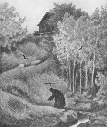 "Mor, der kommer en kjærring." Theodor Kittelsen lagde ein bildeserie over temaet Svartedauden. Pesten var ei gammal kone som dro rundt mellom husa.
