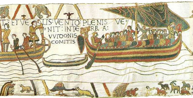 Utsnitt fra Bayeux-teppet som er en del av UNESCO's verdensminneprogram. Teksten som er brodert på teppet, sier "Her navigerer Harald på havet."