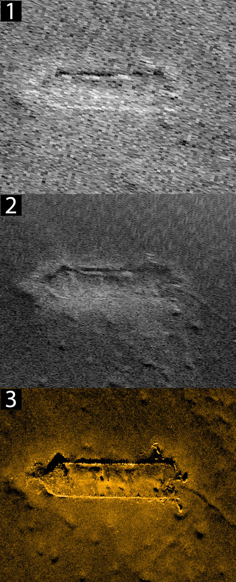 Bilde 1 og 2 viser vrak avbildet med standard sidesøkende sonar. Bilde 3 viser samme vrak avbildet med Syntetisk Apertursonar (SAS). Bilde: Forsvarets forskningsinstitutt