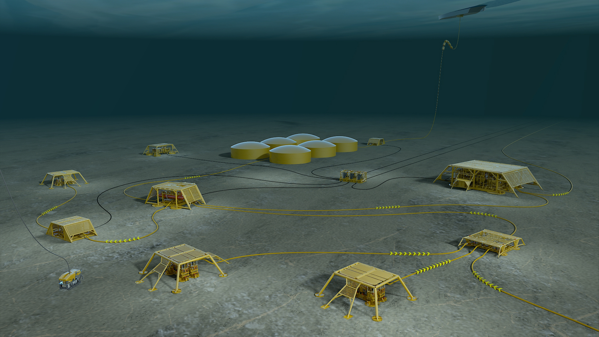 Illustrasjon som viser gule brønnrammer plassert på grå havbunn, med havblå bakgrunnsfarge