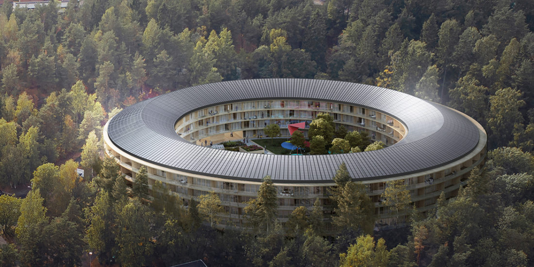 Boligprosjektet Oen på Ammerud i Oslo blir et sirkelformet leilighetsbygg med solceller på taket. Illustrasjon: Code arkitekter