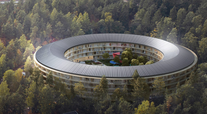 Boligprosjektet Oen på Ammerud i Oslo blir et sirkelformet leilighetsbygg med solceller på taket. Illustrasjon: Code arkitekter