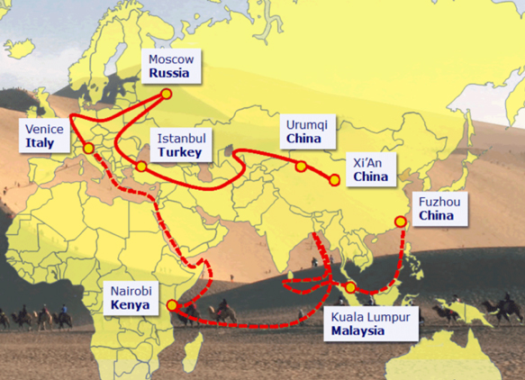 Marco Polo fulgte handelsrutene til den opprinnelige Silkeveien. Kartillustrasjon: Public Domain-Merket 1.0