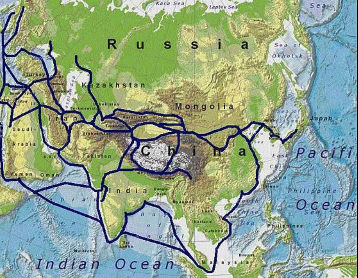 Kartillustrasjon: De historiske rutene i Silkeveiens enorme transportnett.