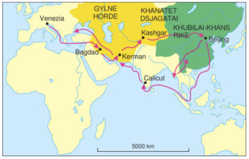 Marco Polo fulgte handelsrutene til den opprinnelige Silkeveien. Kartillustrasjon: Public Domain 1.0