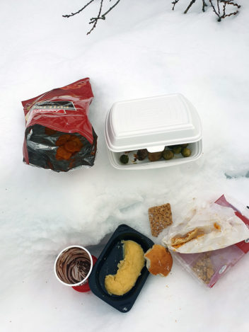 Bildet viser matsøppel i snøen.