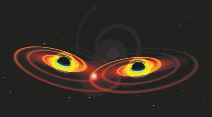 Illustrasjonen viser to svarte hull som kolliderer og skaper gravitasjonsbølger.