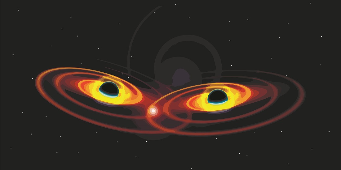 Illustrasjonen viser to svarte hull som kolliderer og skaper gravitasjonsbølger.