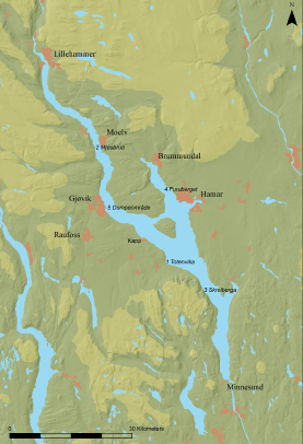 Kart over Mjøsa.