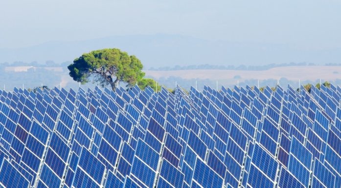 Bildet viser solcellepaneler i Spania.