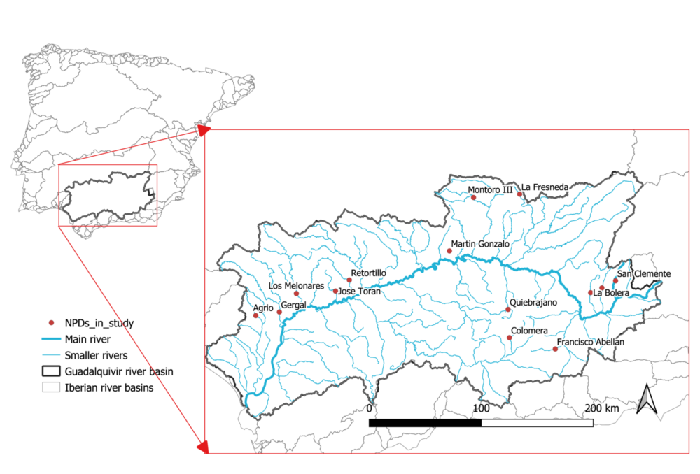 Kart over eksisterende dammer uten vannkraft – i området Guadalquivir i sørlige Spania.