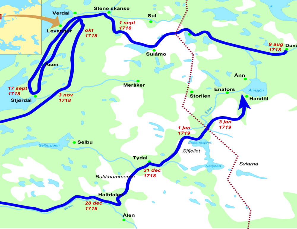 Kartet viser Armfeldts felttog i Trøndelag.