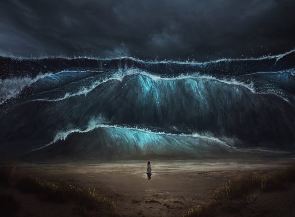 Kaos. Illustrasjonen viser en kvinne på stranden under en tsunami.