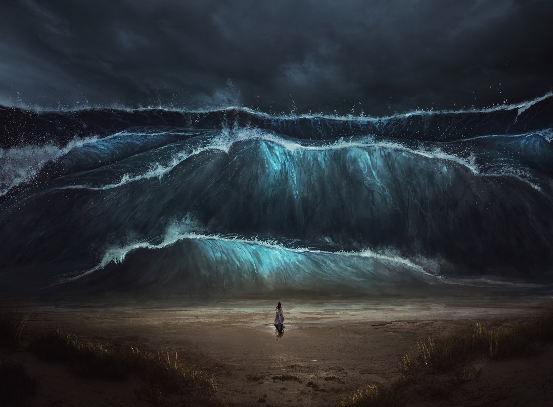 Kaos. Illustrasjonen viser en kvinne på stranden under en tsunami.