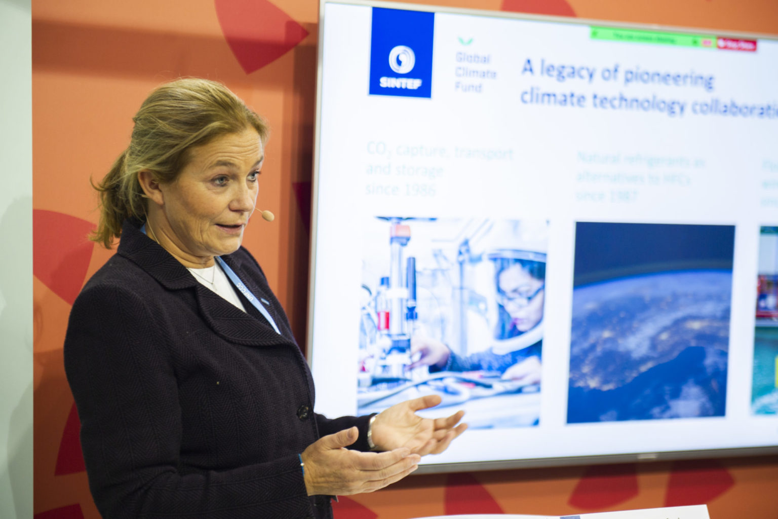 Konsernsjef i SINTEF, Alexandra Bech Gjørv under lanseringen av SINTEFs klimafond i Glasgow under COP 21.