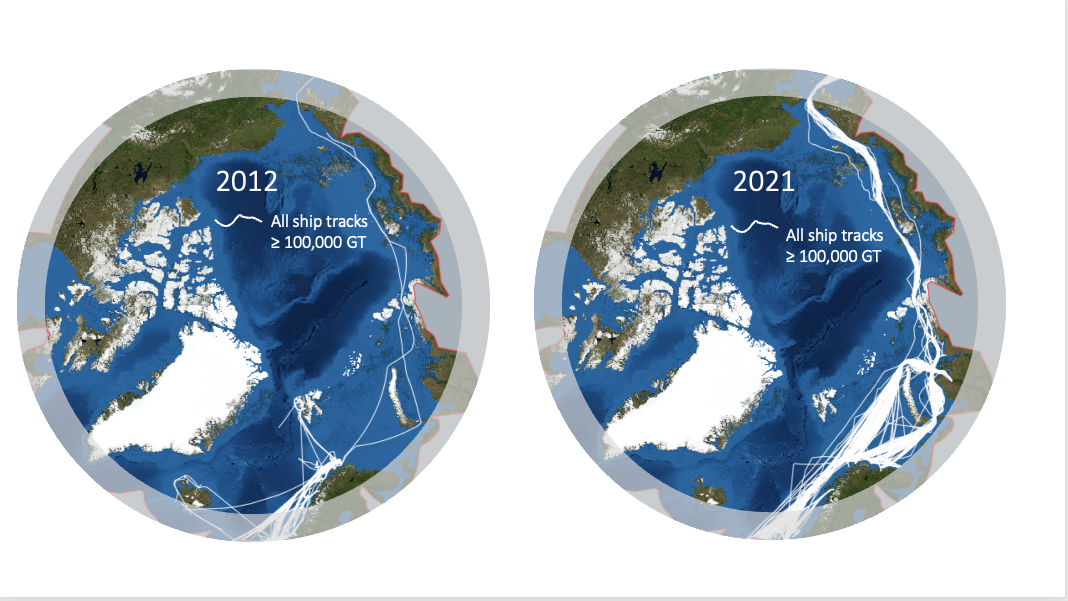 Tankskip. Illustrasjonen viser økningen i skipstrafikken i Arktis.