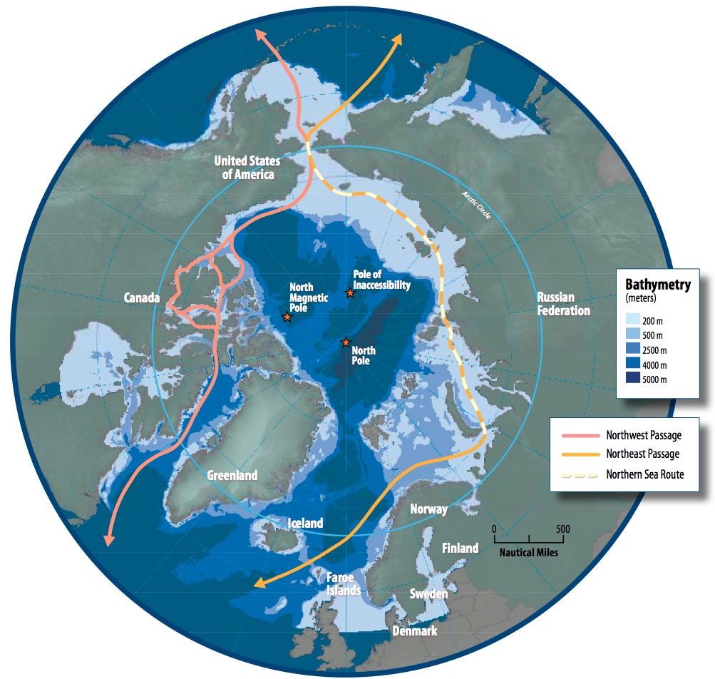 Kartet viser ulike skipsruter i Arktis.