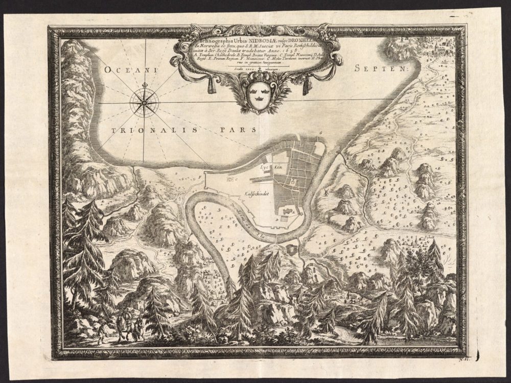 Bildet viser et kart fra Trondheim i 1658.