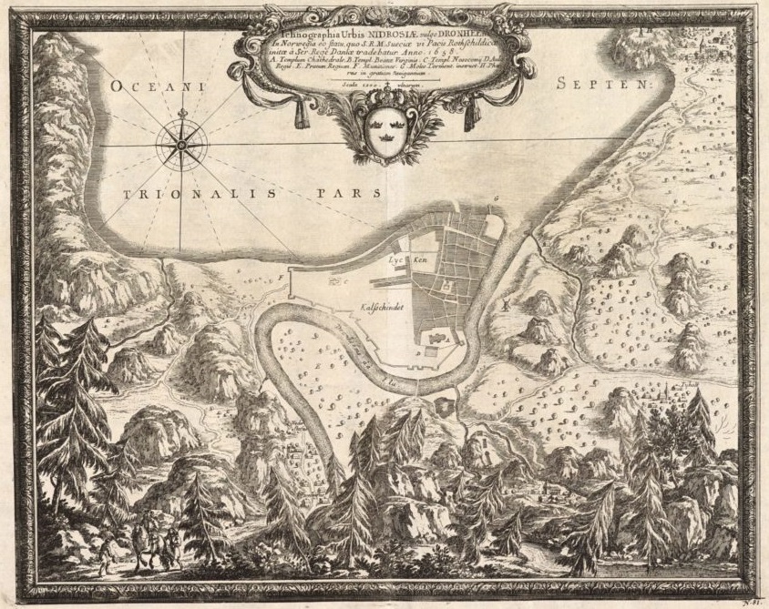 Bildet viser et kart fra Trondheim i 1658.