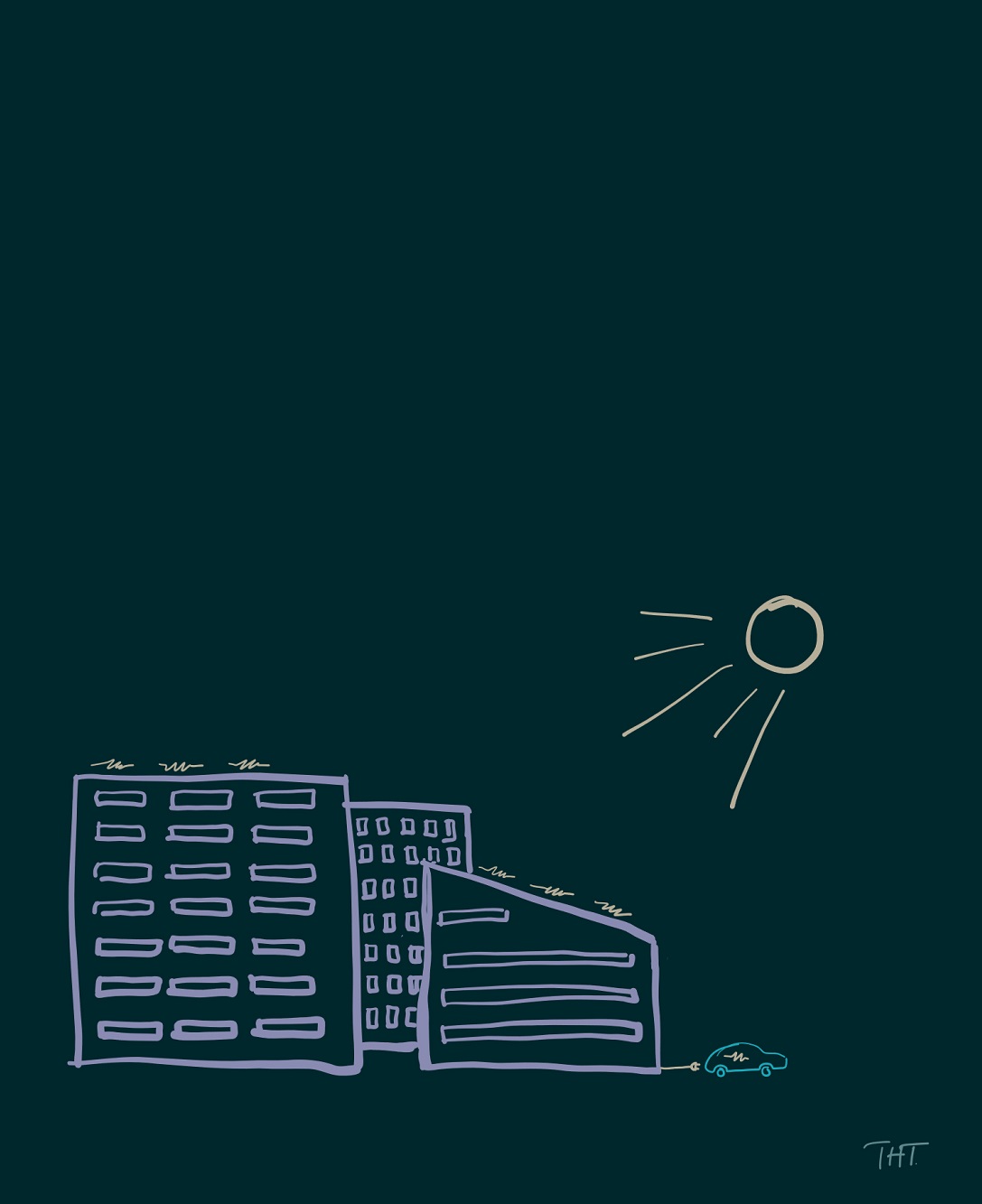 Plusshus. Tegningen viser et hus med solceller på taket og en elbil.