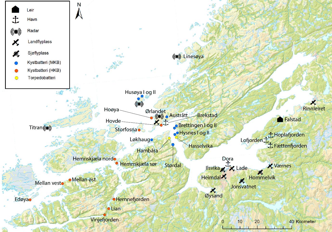 Kart over området rundt Trondheimsfjorden.