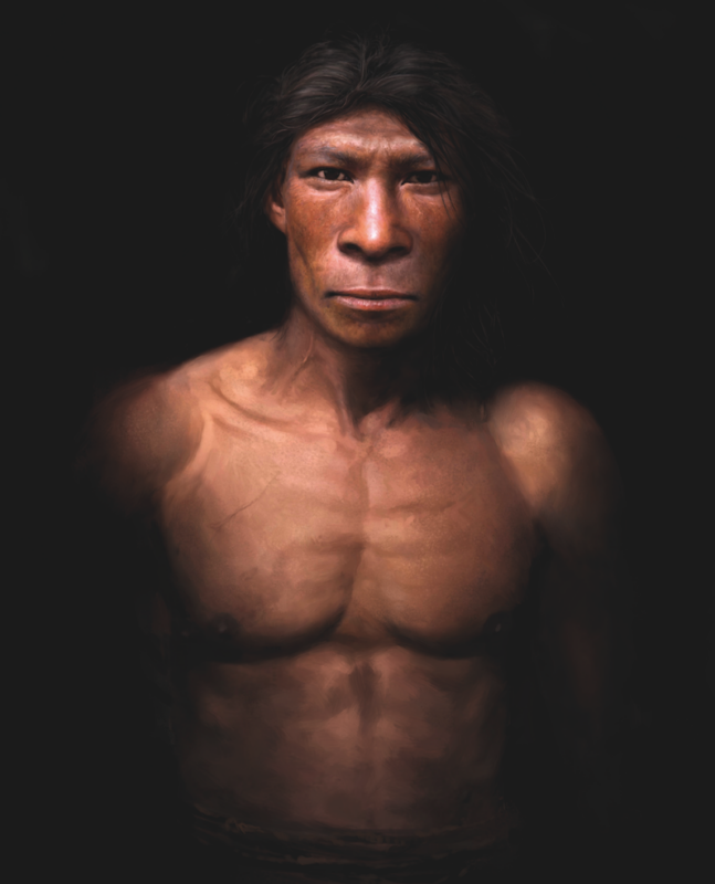 Neandertaler. Illustrasjonen viser en mannlig neandertaler.