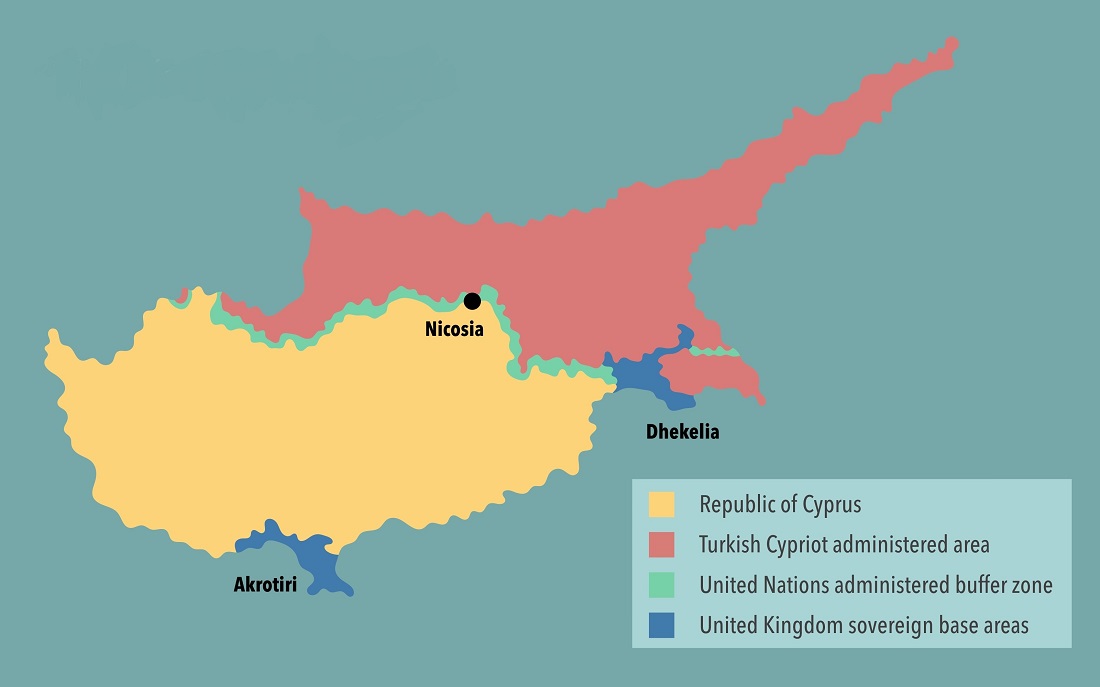 Europa. Kartet viser de ulike sonene på Kypros.