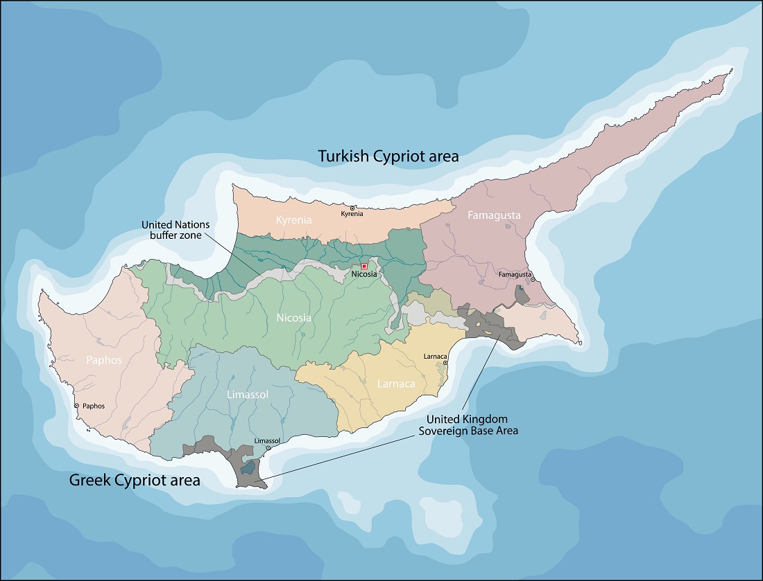 Europa. Illustrasjonen er et kart over Kypros med både den greske og den tyrkiske delen markert.