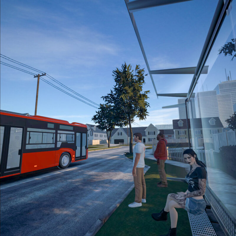 Illustrasjon av personer på et busstop.