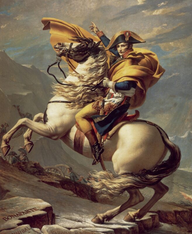 Det berømte maleriet viser Napoleon på en steilende, hvit hest.