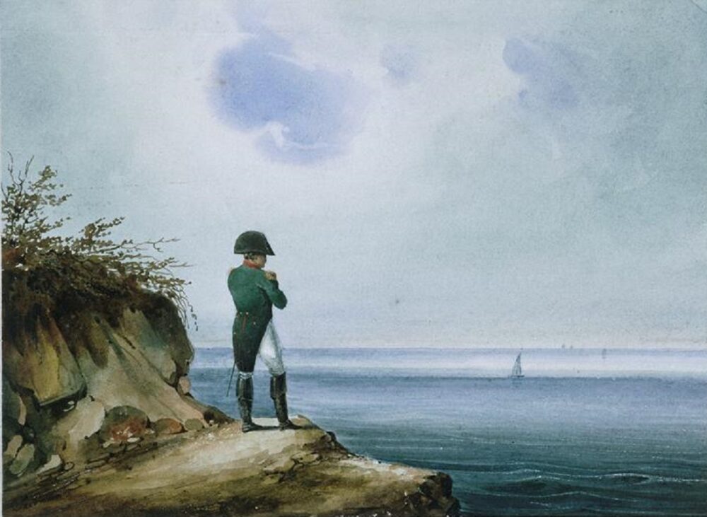 Napoleon. Maleriet illustrerer Napoleon på stranden på St. Helena.