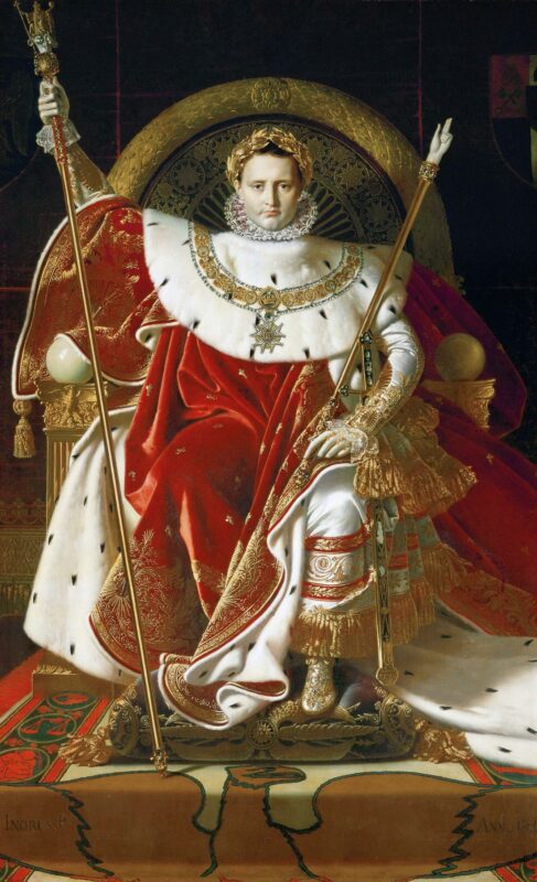 Napoleon. Maleriet viser Napoleon som keiser på tronen.